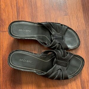 Dockers Womens Dark Brown Leather Wedge Slide Sandals Size 7.5W